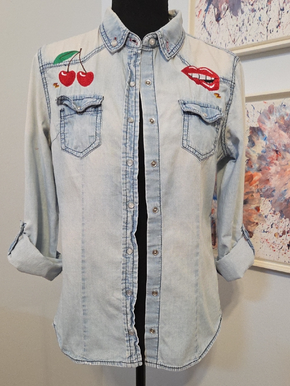 Light Wash Embroidered Cotton Shirt with Cherry & Lip Motifs